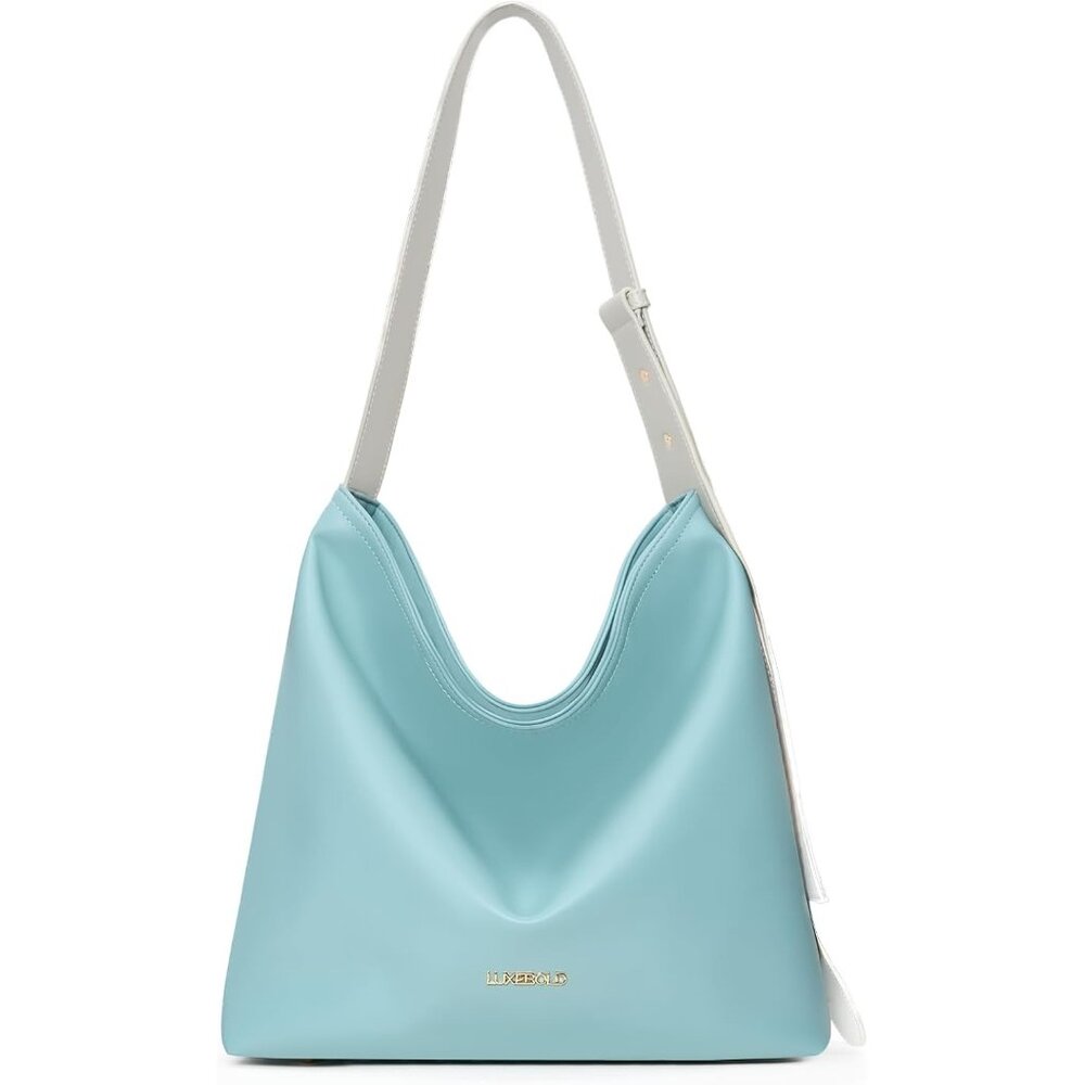 Women's Light Blue Tote Hobo Vegan Leather Shoulder Strap Zippered Pocket Bag